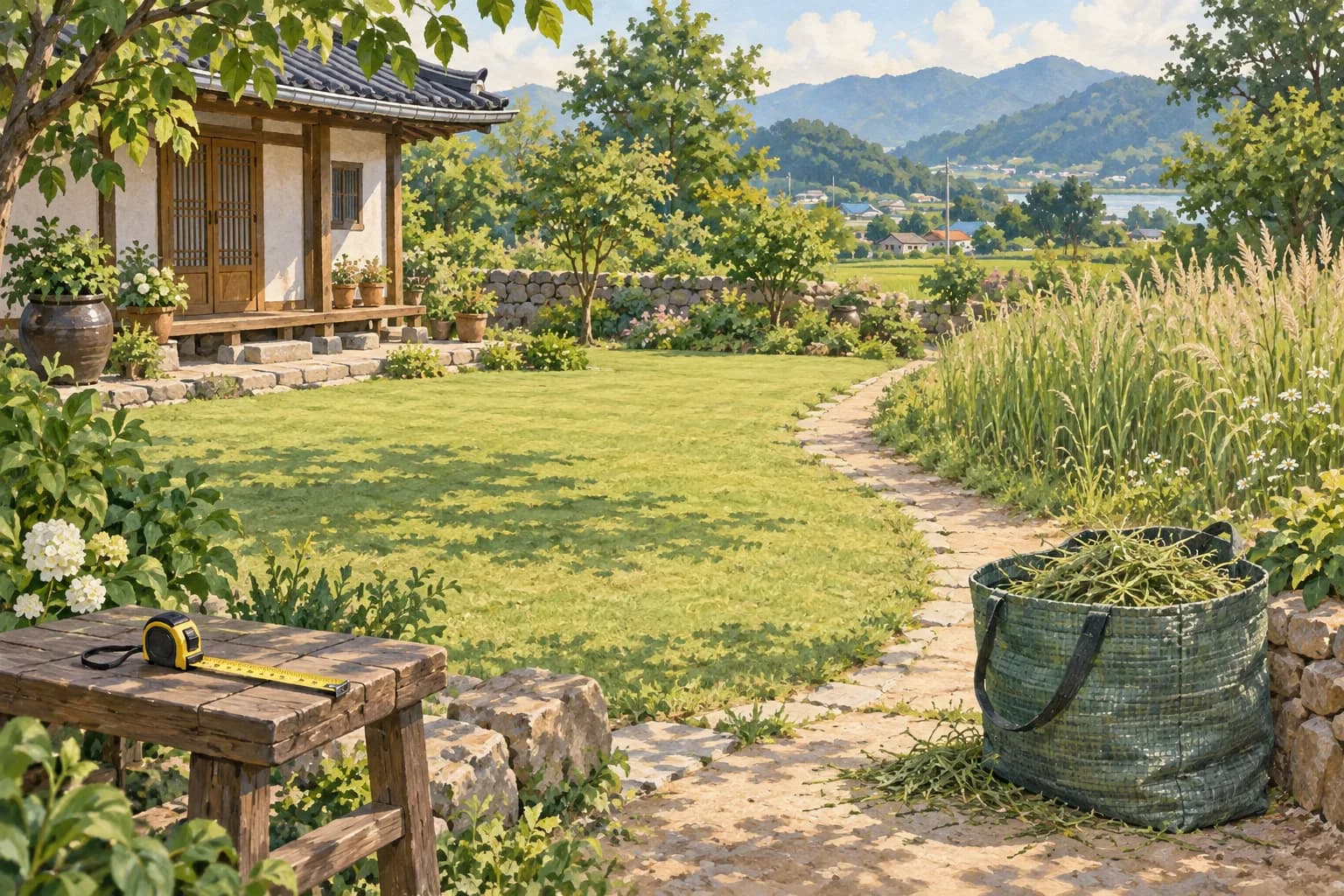 예초할 구역과 남길 식물, 벤 풀 수거를 구분한 설명용 일러스트